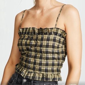 Ganni Seersucker Check Button Down Tank Top